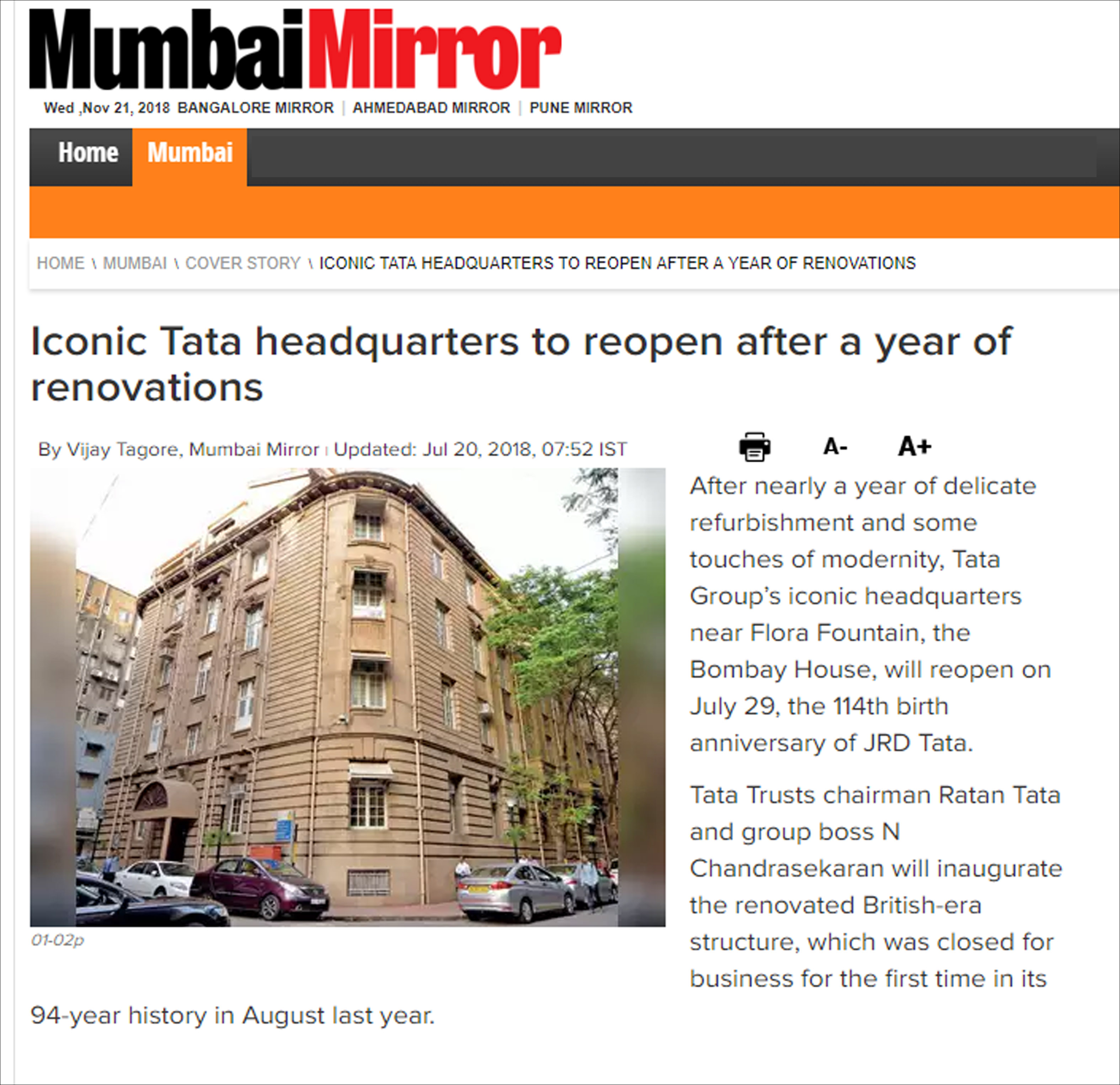 Iconic Tata headquarters to reopen after a year of renovations By Vijay Tagore, Mumbai Mirror , on 20 July, 2018